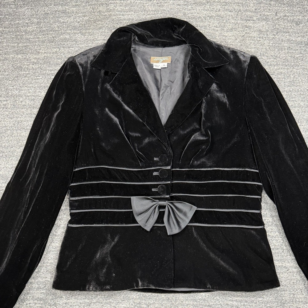Unger Velvet Blazer Women 14 Black Bow Tuxedo Silk Blend 90s Gothic Jacket VTG